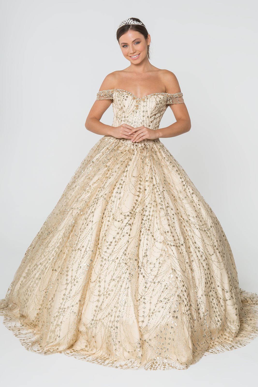 Sweetheart Neck Cut-Away Shoulder Glitter Mesh Long Ball Dress GLGL2831-2